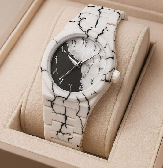 Arabic Aura Monochromatic Marble Watch – Modern & Stylish