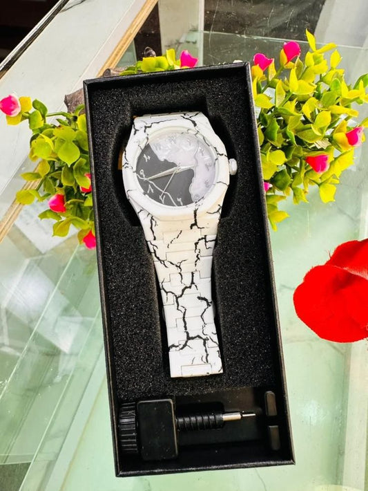 Arabic Aura Monochromatic Marble Watch – Modern & Stylish