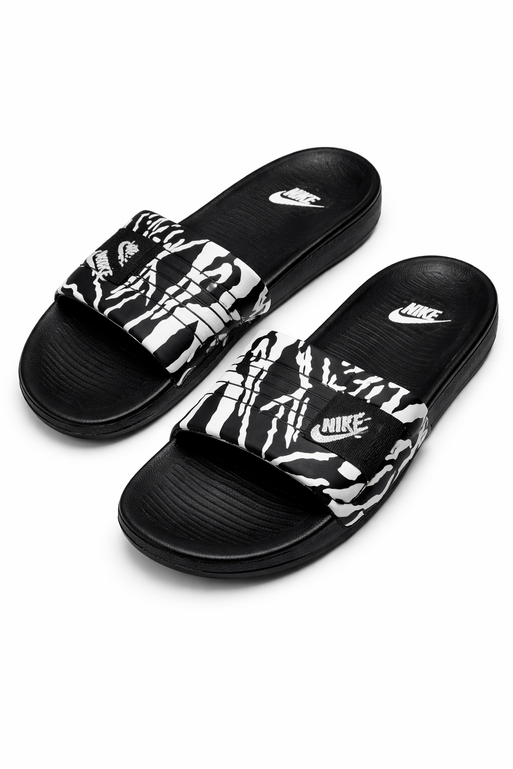 Nike Commando Design Adjustable Strap Slippers | Black with White Patterns