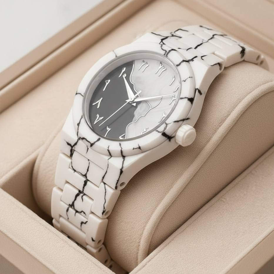 Arabic Aura Monochromatic Marble Watch – Modern & Stylish