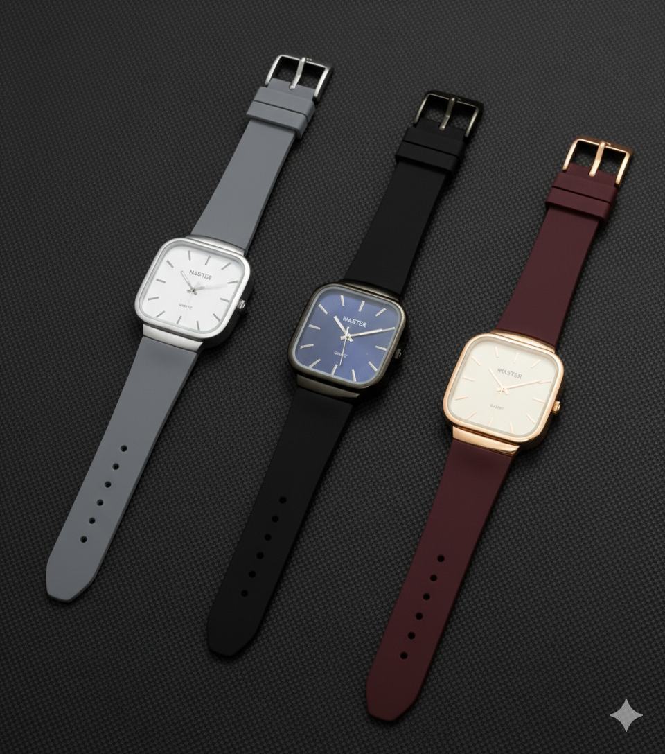 Pack of 3 Master Quartz Silicon Strap Watch | Casual & Formal Wear