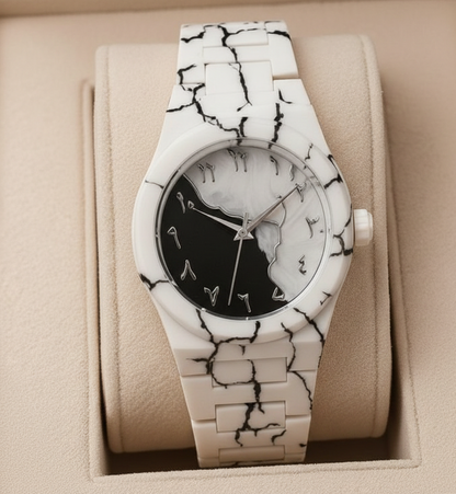 Arabic Aura Monochromatic Marble Watch – Modern & Stylish