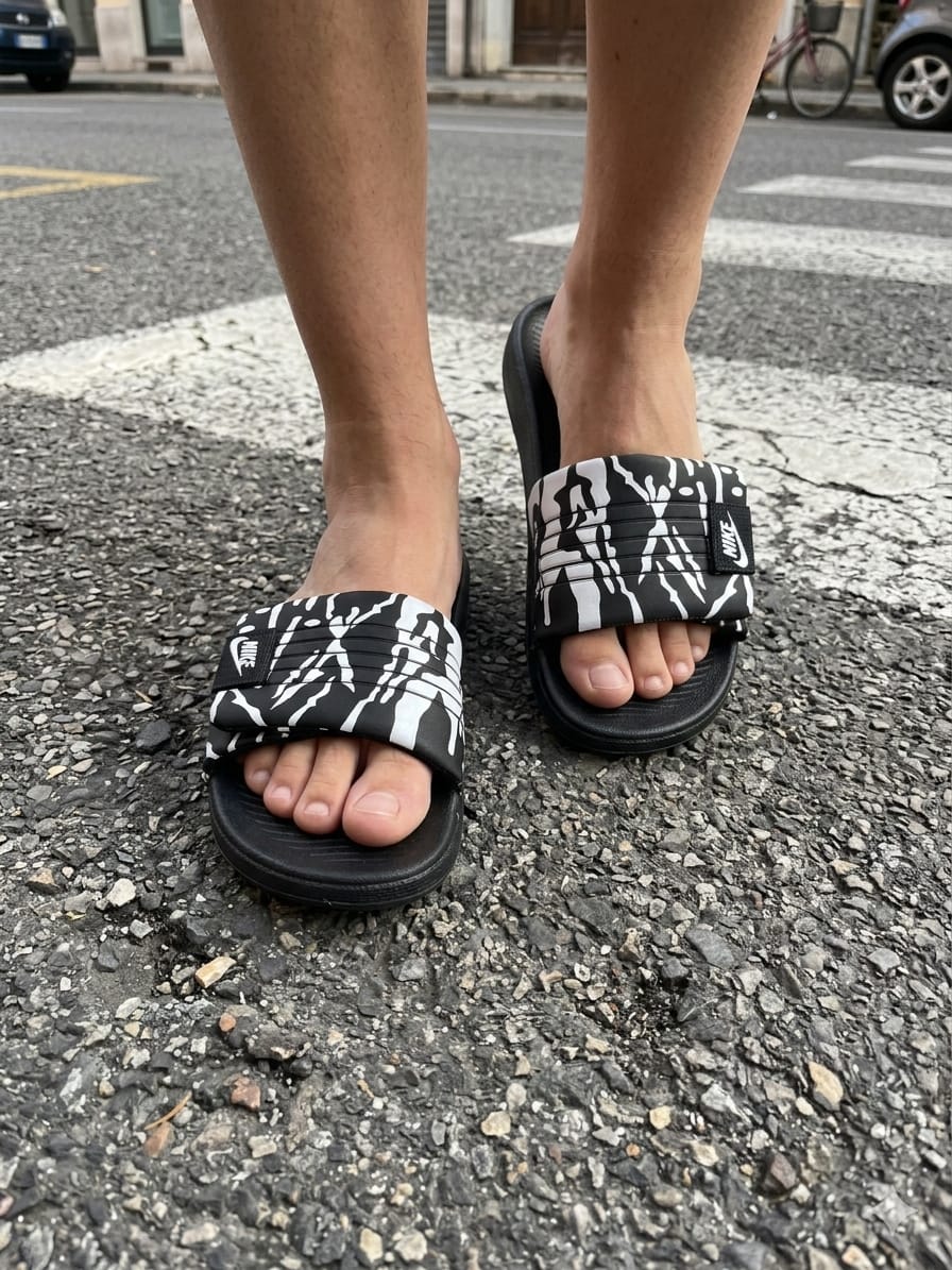 Nike Commando Design Adjustable Strap Slippers | Black with White Patterns