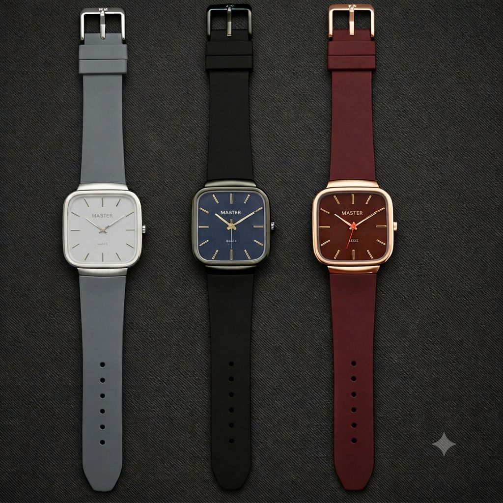 Pack of 3 Master Quartz Silicon Strap Watch | Casual & Formal Wear