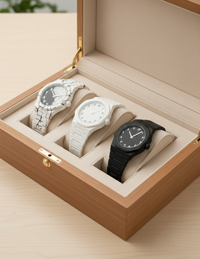 Pack of 3 Arabic Aura Watches – Black, White & Monochromatic Marble Colour